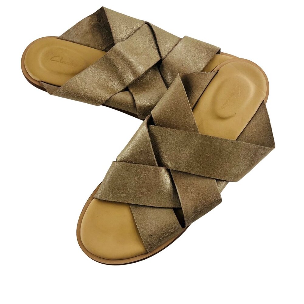 Clarks Women's Leather Flat Slip On Sandals‎ Tan size 8 M
